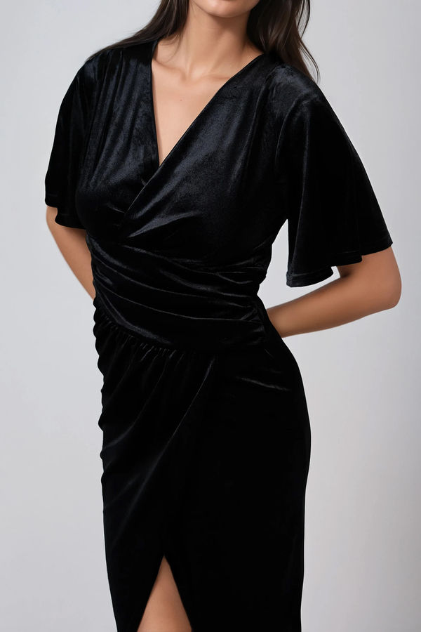 Stuck With You Velvet Wrap Midi Dress - Black