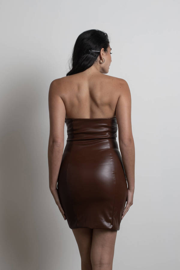 Brown Faux Leather Dress - Strapless Dress - PU Mini Dress