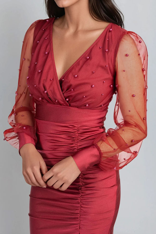 Angel Edge Satin Pearl Midi Dress - Burgundy