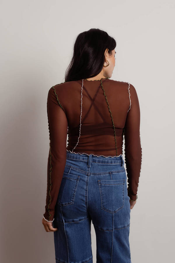 Chocolate Cropped Fitted Mesh Top