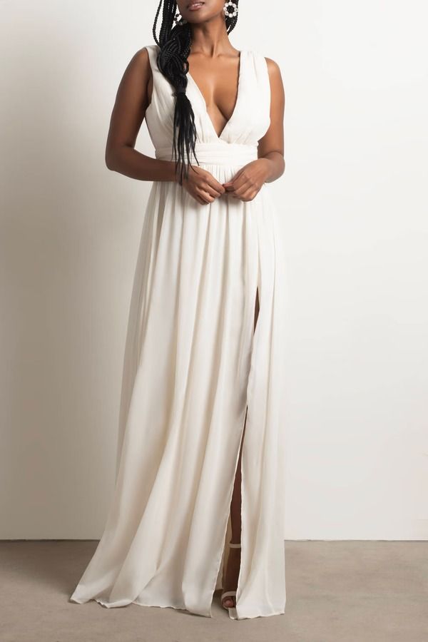 Cream Maxi Dress - High Slit Maxi Dress - Cream V-Neckline Dress