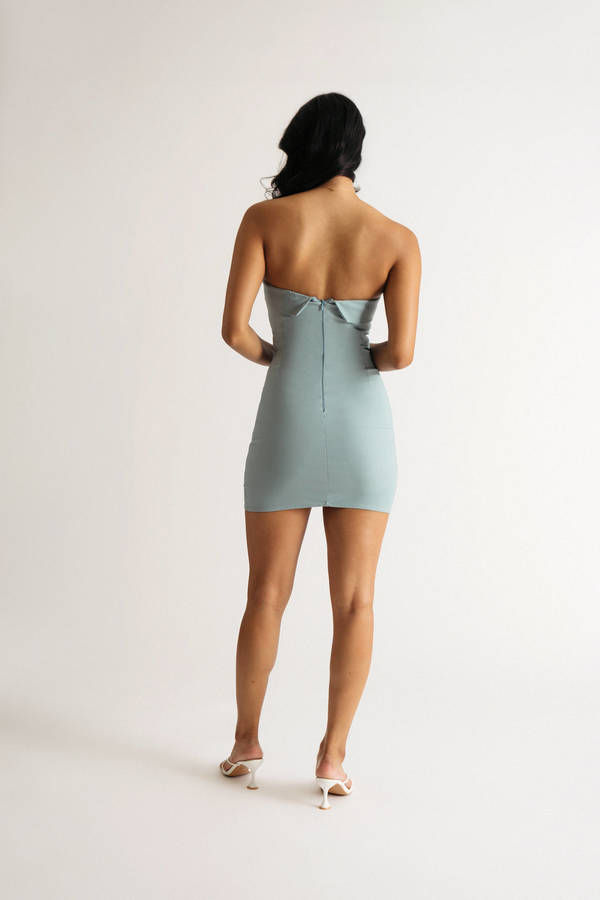 Bring It On Foldover Slit Mini Bodycon Dress - Dusty Blue - $26