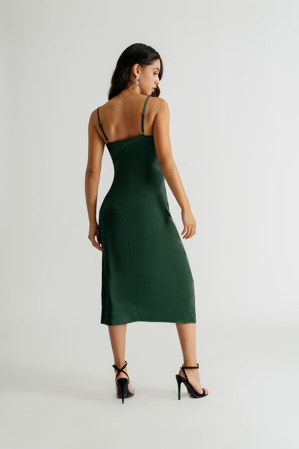 Emerald Green Midi Satin Wrap Dress - Cami Slip Dress - Cowl Midi