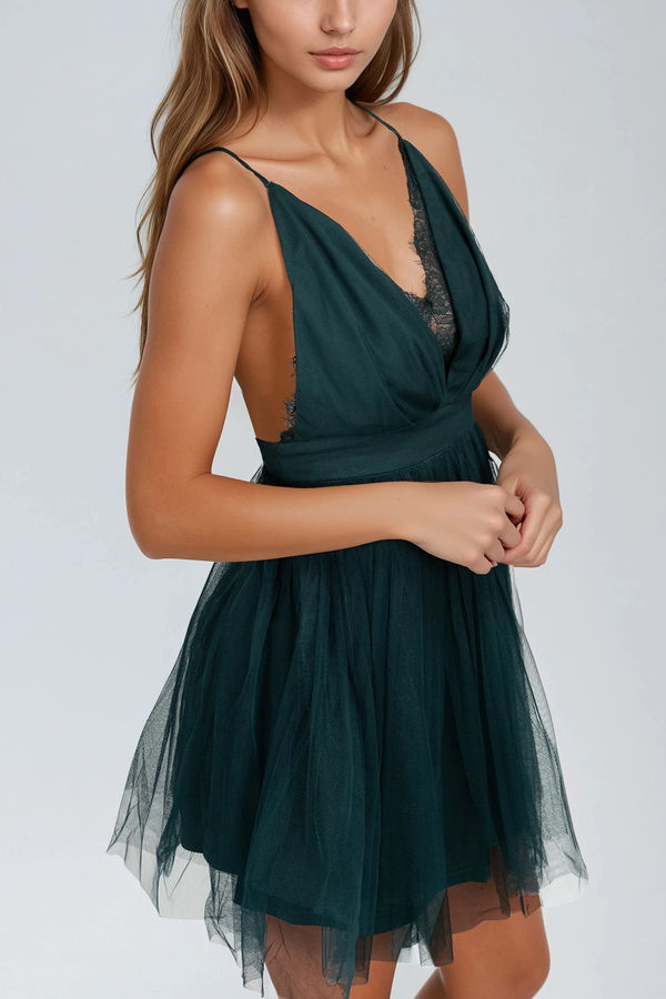 Silken Fire Plunging Tulle Mini Dress - Emerald