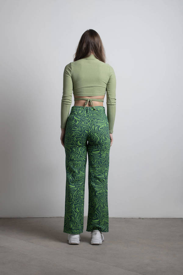 Green Pants - Straight Leg Pants - High Waisted Pants