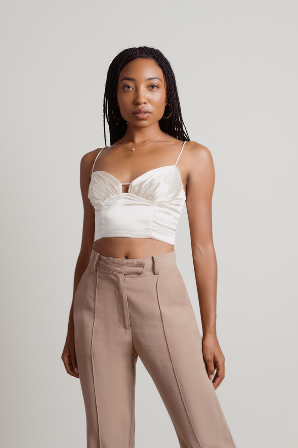 Ivory Satin Crop Top - White Ruched Tank Top - Cami Strap Bustier Top