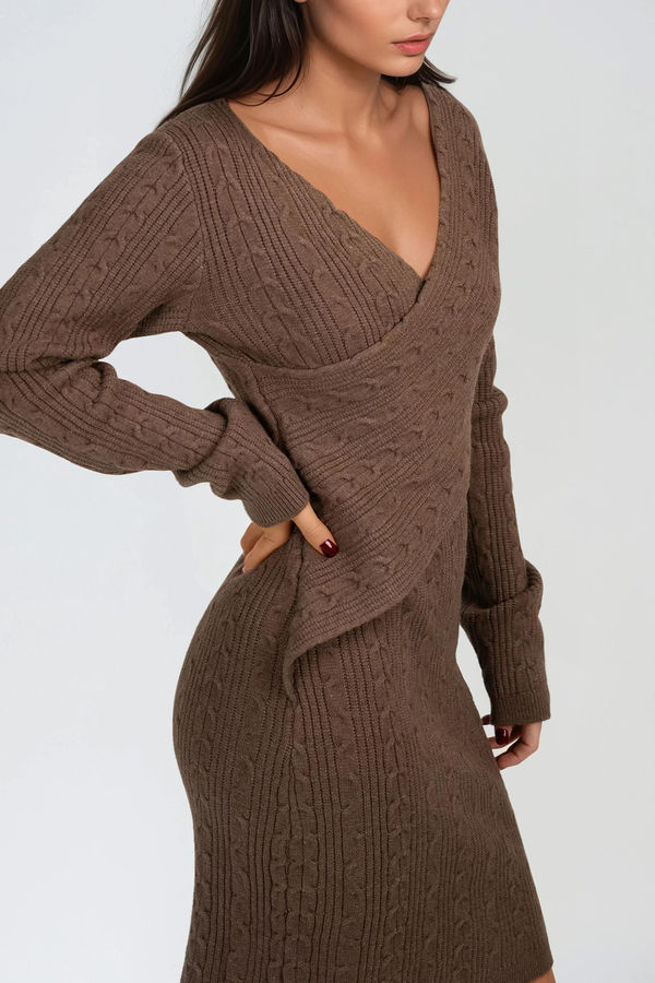 Rustic Haven Knit Wrap Mini Dress - Mocha