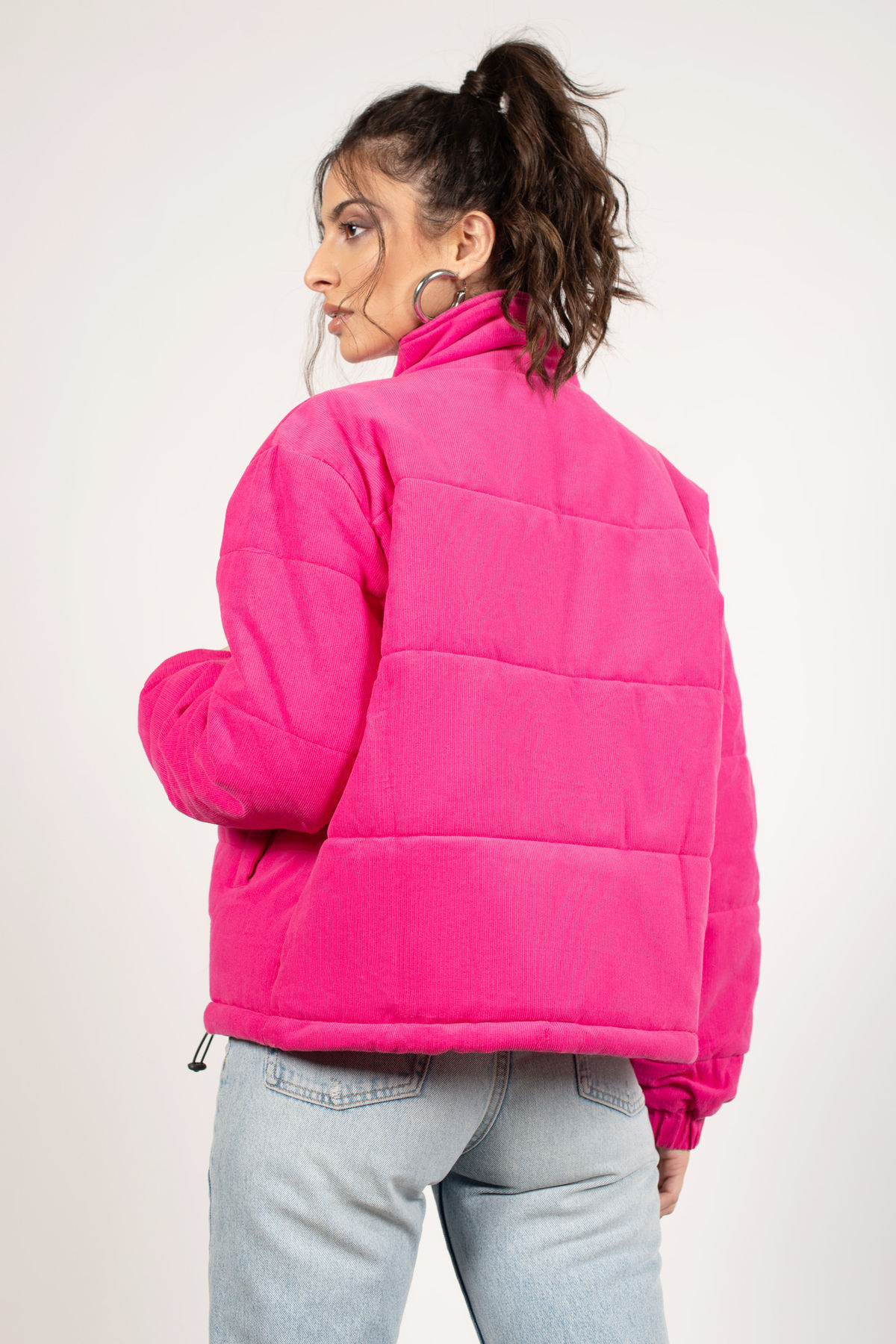 Hot Pink Puffer Jacket ORing Zipper Jacket Faux Pocket Jacket