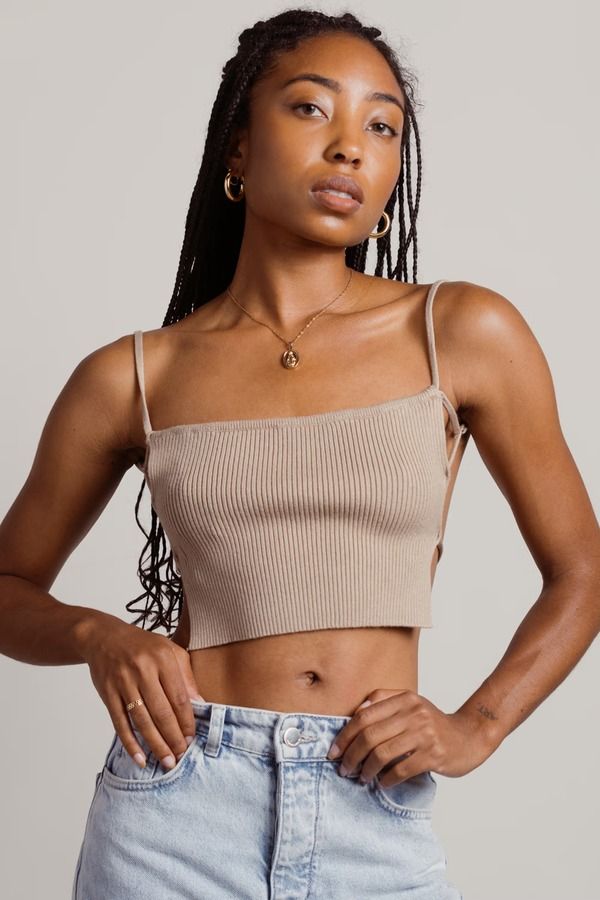 Crop Top Ribbed Open Back Crop Top Taupe Square Neckline Top