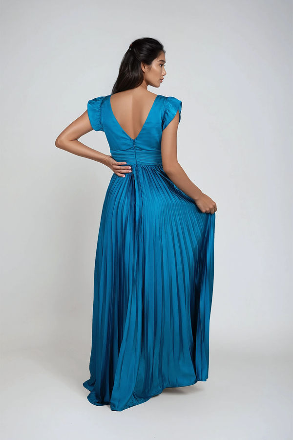 Twilight Muse Satin Pleated Maxi Dress - Teal