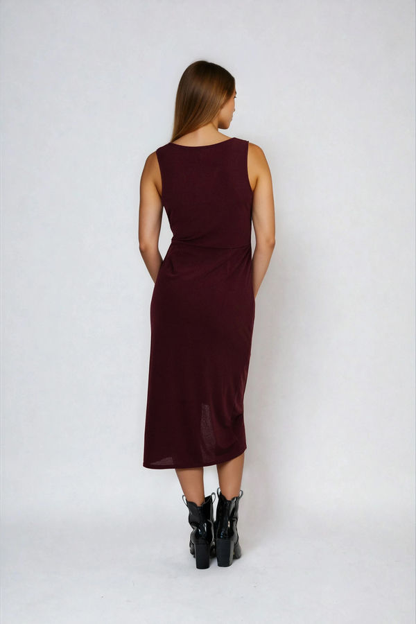 Twist Elegance Knot Draped Midi Dress - Wine