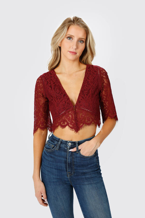 That's My Girl Wine Red Lace Crop Top