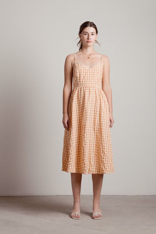 Picnic At The Cottage Gingham Cami Midi Dress - Peach Orange