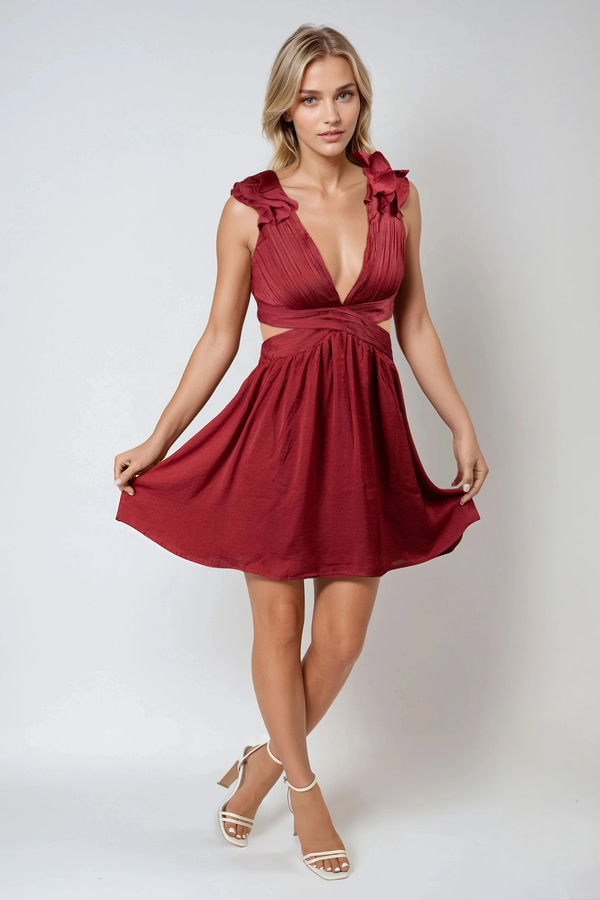 Hot To Go Ruffle Cut Out Mini Dress - Berry