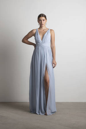 Blue Maxi Dress - Twist Slit Dress - Cute V Neck Straps Dress