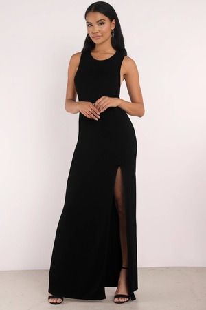 Cute Black Dress - High Slit Dress - Crew Neckline Dress