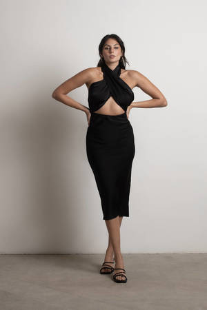 Black Satin Midi Dress - Backless Dress - Bodycon Dress
