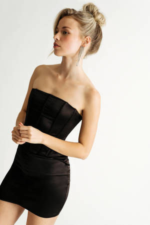 Black Strapless Corset Dress, Corset Dress Bodycon Satin