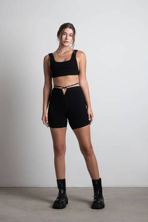 Black Shorts - Front V Wire Ribbed Shorts - Cute Waist Ties Biker