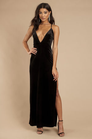 Black Maxi Dress - Stretchy Plunging Velvet Dress - Strapy Open Back Dress