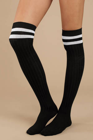 Black Socks - Knee High Socks - Black Athletic Striped Socks