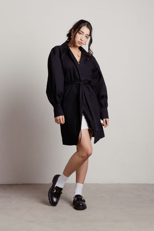 Leah Black Puff Sleeve Tie Waist Trench Coat