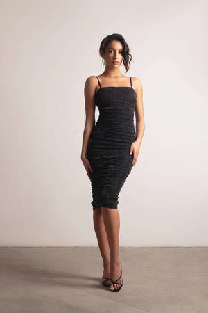 Black Mini Dress - Slit Bodycon Dress W/ Straps - Ruched Mesh Dress