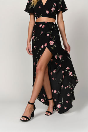 Black Skirt - Wrap Maxi Skirt - Black Floral Skirt - High Slit Skirt