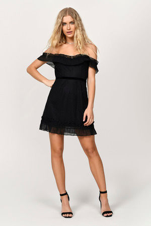 Black Mesh Dress - Off Shoulder Dress - Ruffle A-Line Dress