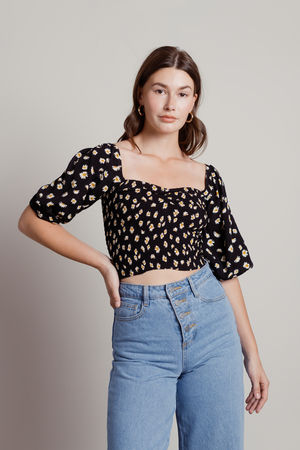 Black Floral Crop Top - Short Sleeve Smocked Bustier - Square Neck