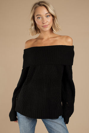 Black Sweater - Slouchy Sweater - Black Off Shoulder Sweater