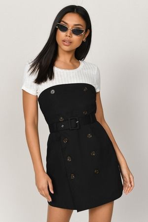 Sexy Black Mini Dress - Belted Dress With Front Button