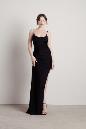 Black Slinky Scoop Neck Ruched Bodycon Strappy Maxi Dress, Dresses