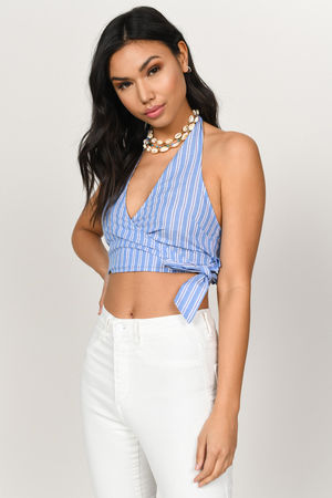 トップス Aewen Matoph rope top Blue Crop Top - Stripe Halter Crop Top - V Neck Wrap Crop Top