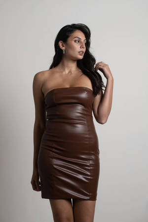 Brown Faux Leather Dress - Strapless Dress - PU Mini Dress