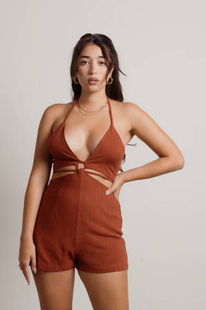 Kiss Me Brown Halter Cutout Waist Tie Romper