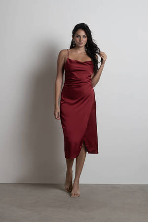 Cowl play cowl neck satin shop midi dress in dark red