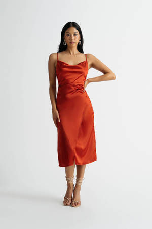 Evana Midi Dress - High Asymmetrical Neck Satin Slip Dress in FUSCHIA