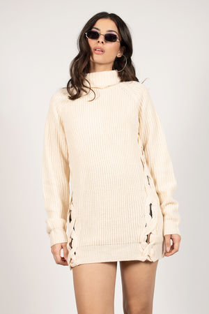 Yellow Mini Dress - Turtleneck Sweater - Cream Raglan Shoulders
