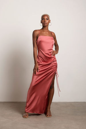 Silky Satin High Slit Ruched Strapless Party Maxi Dress - Sage