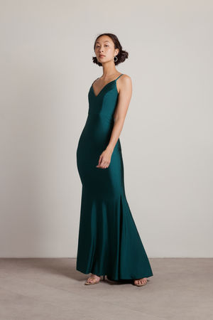 Green Maxi Dress - Satin Bodycon Dress - Mermaid Dress With Ruched Bottom