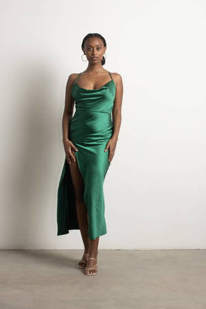 Green Midi Dress - Satin Cowl Neck Dress - Mauve High Side Slit Dress