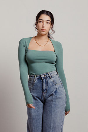 Green Top - Square Neck Top - Long Sleeve Top