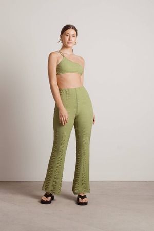 Green Knitted Flare Pants - Textured Pants - Cute Flared Pants