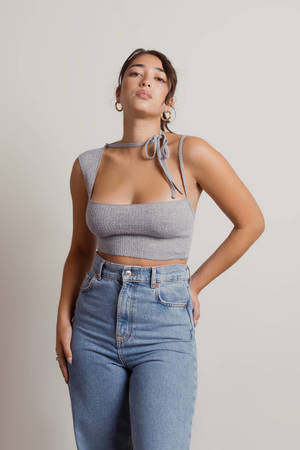 Grey Tank Top - Ribbed Neck Tie Tank Top - Square Neck Crop Tank Top