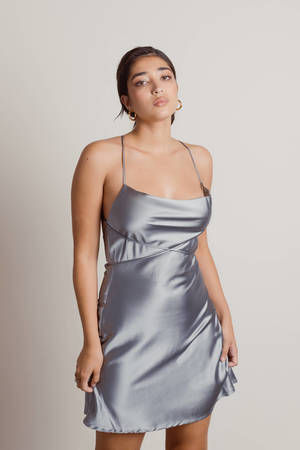 Grey Sage Mini Dress - Cowl Neck Dress - Satin Mini Dress