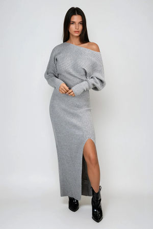 Cozy Edge One Shoulder Sweater Maxi Dress - Heather Grey - $42