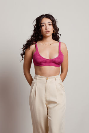 Halter Crop Top with Strappy Keyhole - Hot Pink