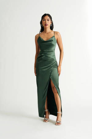 Hunter Green Slit Satin Dress - Surplice Maxi Dress