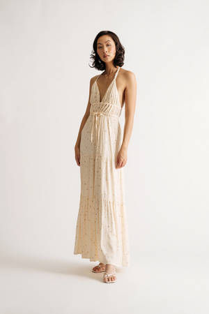 Astraea Ivory Ditsy Floral Halter Tiered Maxi Dress - $54 | Tobi US